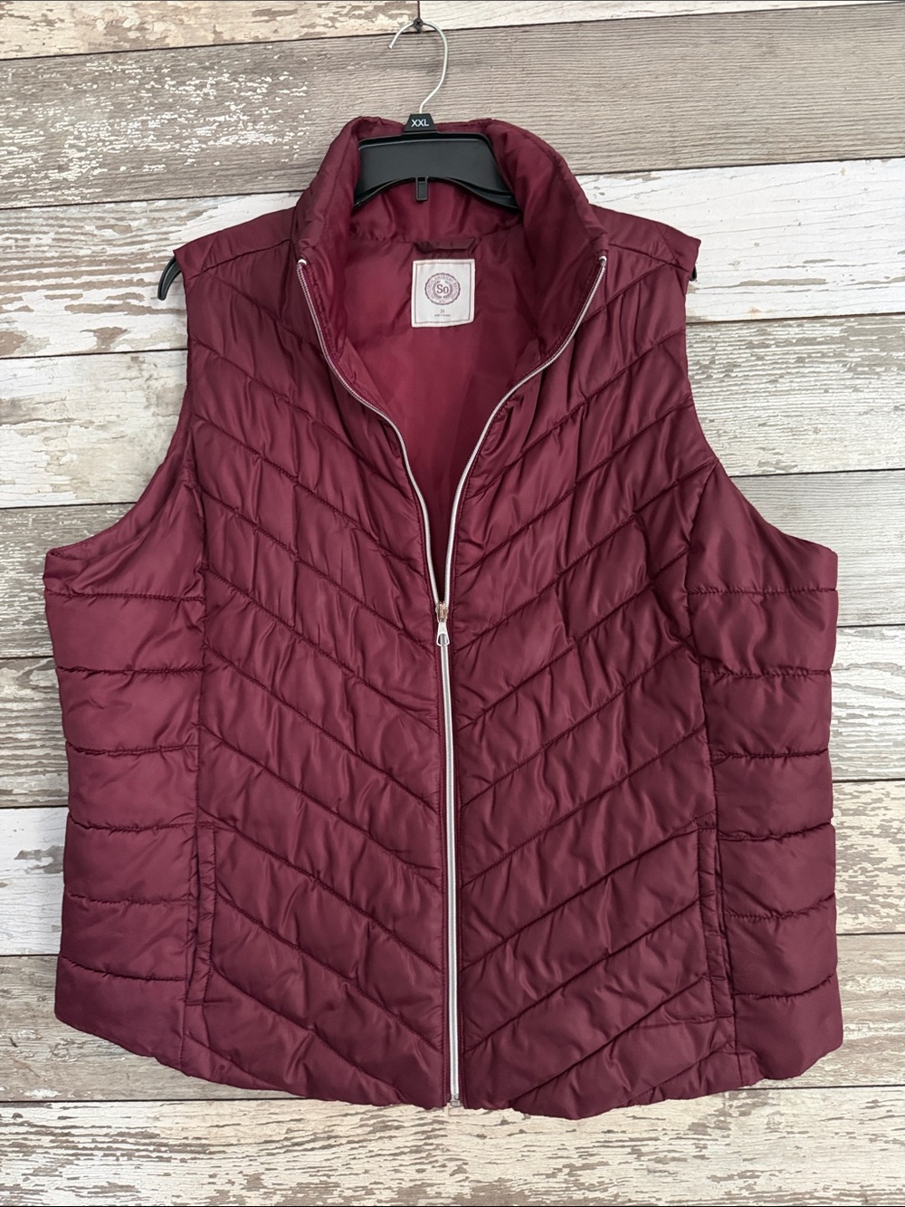 2X SO Quilted Sleeveless Puffer Vest - Burgundy